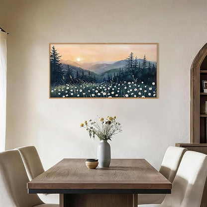 KAIRNE Mountain Floral Landscape Framed Canvas Wall Art Set,Watercolor Forest Wall Decor,Misty Pine Tree Art Prints,Nature Sunset Scenery Artwork for Living Room,Bedroom,Farmhouse,Office-40 x20 x1