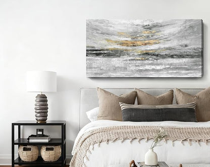 Nicetop Large 48x24 Inch Black White Gold Abstract Canvas Wall Art, Modern Coastal Ocean Art, Minimalist Wall Decor Ready to Hang for Living Room Bedroom Bathroom Office