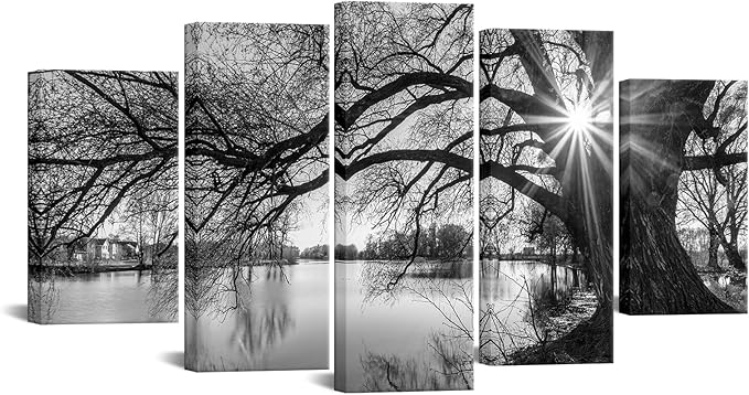 sechars - 5 Pieces Wall Art Old Tree by Lake Picture Canvas Prints Sunrise Painting Black and White Landscape Canvas Art Modern Wall Decoration Framed and Ready to Hang