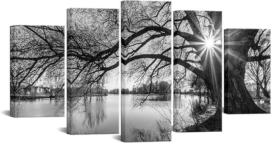 sechars - 5 Pieces Wall Art Old Tree by Lake Picture Canvas Prints Sunrise Painting Black and White Landscape Canvas Art Modern Wall Decoration Framed and Ready to Hang