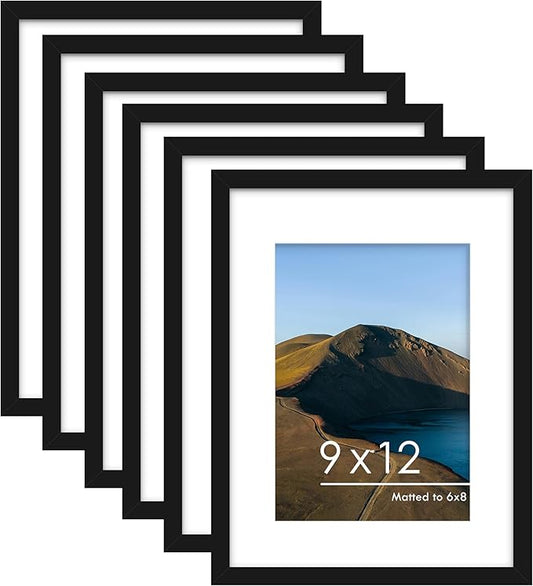PEALSN 9x12 Picture Frame Set of 6, Display Pictures 6x8 with Mat or 9x12 without Mat for Wall Mounting or Table Top Display, Photo Frames Collage for Wall Decor, Black