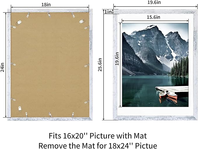 iRahmen 16x24 Picture Frame Set of 2 with Plexiglass, Distressed White Poster Frame Display Picture 12x18 with Mat or 16 x 24 Without Mat, Wood Photo Frame for Wall Mounting