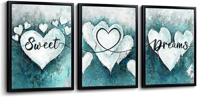 sechars Sweet Dreams Wall Decor Love Heart Painting Wall Art Modern Teal and Grey Bedroom Decorations (Teal)
