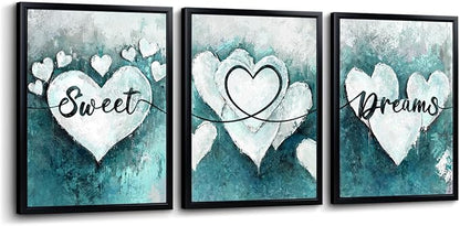 sechars Sweet Dreams Wall Decor Love Heart Painting Wall Art Modern Teal and Grey Bedroom Decorations (Teal)