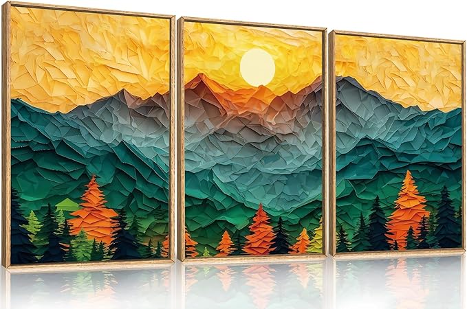 Abstract Mountain Framed Canvas Wall Art Set, Forest Pine Tree Golden Sunset Wall Decor, Mixed Patchwork Landscape Art Print for Living Room, Bedroom, Dining Room, Office-16 x24 x3