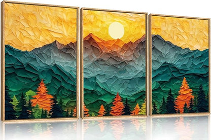 Abstract Mountain Framed Canvas Wall Art Set, Forest Pine Tree Golden Sunset Wall Decor, Mixed Patchwork Landscape Art Print for Living Room, Bedroom, Dining Room, Office-16 x24 x3