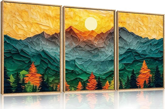 Abstract Mountain Framed Canvas Wall Art Set, Forest Pine Tree Golden Sunset Wall Decor, Mixed Patchwork Landscape Art Print for Living Room, Bedroom, Dining Room, Office-16 x24 x3