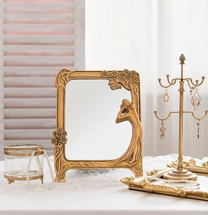 Vintage Gold Mirror Wall Decor - Small Vanity Mirrors, Antique Decorative for Desk Room, Frame Arched Victorian Decoration for Home Table, Standing Framed Gift for Furniture Living Bedroom, Rectangle