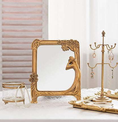 Vintage Gold Mirror Wall Decor - Small Vanity Mirrors, Antique Decorative for Desk Room, Frame Arched Victorian Decoration for Home Table, Standing Framed Gift for Furniture Living Bedroom, Rectangle