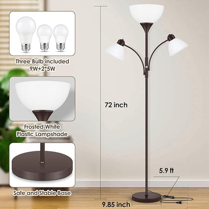 Coucrek Floor Lamp for Living Room,72" Dimmable Torchiere Lamp with 2 Reading Lights for Bedroom, Brown Tall Standing Room Lamp, 3 Bulbs Included