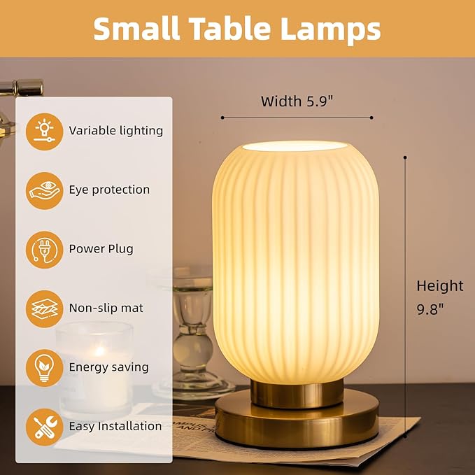 Bedside Table Lamp with Glass Shade, Small Nightlight Lamp Elegant Milky White Glass Nightstand Lamp Modern Desk Lamp with Plug-in Style for Bedroom Living Room Tabletop Dia5.9 x H9.8