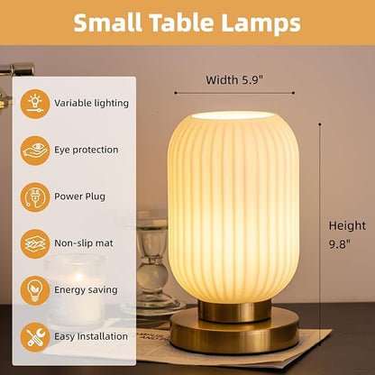 Bedside Table Lamp with Glass Shade, Small Nightlight Lamp Elegant Milky White Glass Nightstand Lamp Modern Desk Lamp with Plug-in Style for Bedroom Living Room Tabletop Dia5.9 x H9.8