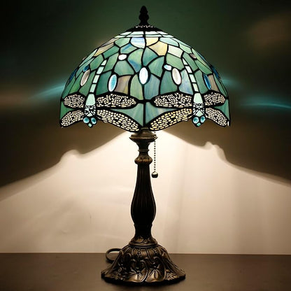 Tiffany Table Lamp Stained Glass Lamp 12X12X19 Inch Antique Reading Light (Sea Blue Dragonfly Style)
