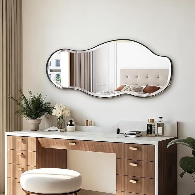POZINO Irregular Beveled Mirror, 40"x18" Premium Bathroom Vanity Mirror with Metal Frame, Asymmetrical Organic Shaped Wall Mirrors for Living Room Bedroom Hallway Entryway, Horizontal/Vertical Hanging