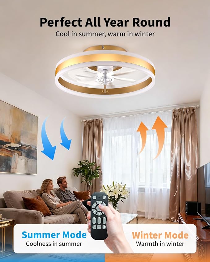 RGB Ceiling Fan with Lights, Low Profile Ceiling Fans with Lights and Remote, Flush Mount LED Fan Light, Modern Bladeless Fandelier for Bedroom Works with APP, 16IN Gold