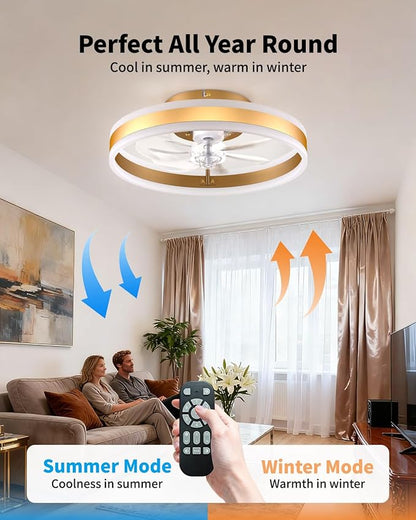 RGB Ceiling Fan with Lights, Low Profile Ceiling Fans with Lights and Remote, Flush Mount LED Fan Light, Modern Bladeless Fandelier for Bedroom Works with APP, 16IN Gold