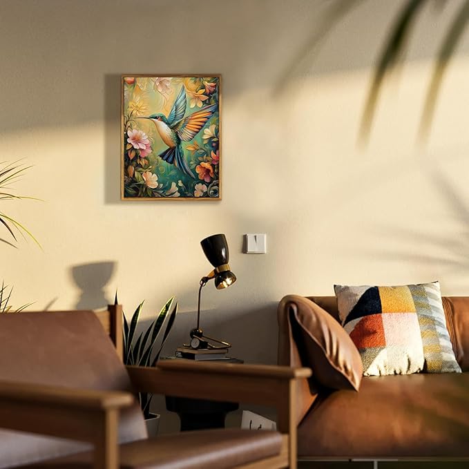 Framed Vintage Wall Art Bird Flower Canvas Wall Art Hummingbird Pictures Wall Decor Nature Botanical Prints Colorful Aesthetic Artwork Paintings for Living Room Bedroom Bathroom 16x24in