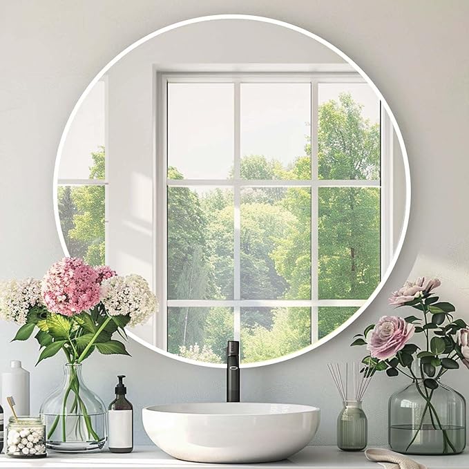 Round White Mirror, 30 Inch Circle White Mirror, Metal Frame Round Wall Mounted Mirrors for Bathroom, Living Room, Bedroom, Entryway, Vanity