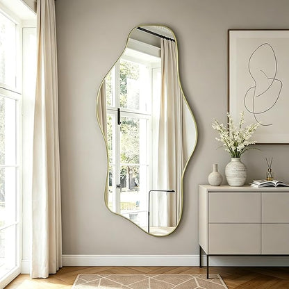 Irregular Wall Mirror, 63"x30" Large Asymmetrical Aesthetic Mirror, Gold Modern Organic Shape Frameless Mirrors for Living Room Bedroom Hallway Entryway, Horizontal or Vertical Hanging