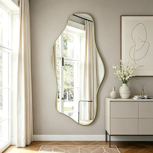 Irregular Wall Mirror, 63"x30" Large Asymmetrical Aesthetic Mirror, Gold Modern Organic Shape Frameless Mirrors for Living Room Bedroom Hallway Entryway, Horizontal or Vertical Hanging