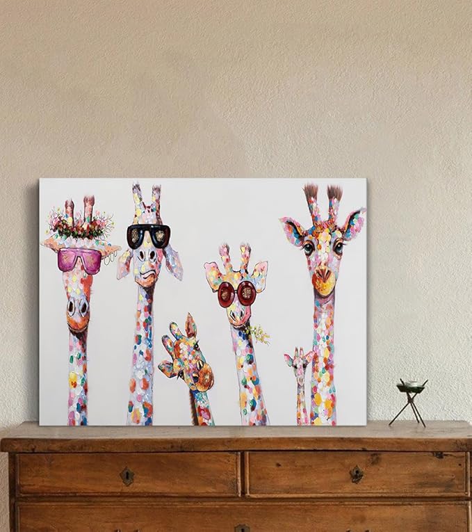 5 Giraffes Wear Glasses Canvas Wall Art for Living Room Graffiti Art Canvas Framed Wall Decor Modern Home Artwork Bathroom Canvas Prints Ready to Hang 12x16 inch