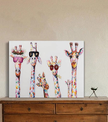 5 Giraffes Wear Glasses Canvas Wall Art for Living Room Graffiti Art Canvas Framed Wall Decor Modern Home Artwork Bathroom Canvas Prints Ready to Hang 12x16 inch