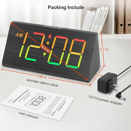 DreamSky Wooden Digital Alarm Clock for Bedroom - RGB Electric Desk Clock with Large Numbers, USB Port, Loud Alarm for Heavy Sleepers, Dimmer and Volume Control, Snooze, Wood Décor (Adapter Powered)