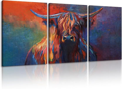 Cow Canvas Wall Art Abstract Highland Cow Painting 3 Panels Texas Longhorn Posters and Prints for Living Room Home Office Bar Toilet Bedroom Guest Room Decoration, Framed 60" L x 28" W