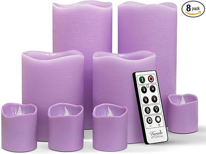 FURORA LIGHTING Purple Flameless Candles - Real Wax, Adjustable Brightness, Remote & Timer - 4 Pillars (3x4, 3x6) and 4 Votives, 8-Pack, Battery Operated