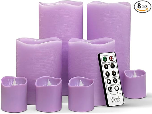 FURORA LIGHTING Purple Flameless Candles - Real Wax, Adjustable Brightness, Remote & Timer - 4 Pillars (3x4, 3x6) and 4 Votives, 8-Pack, Battery Operated