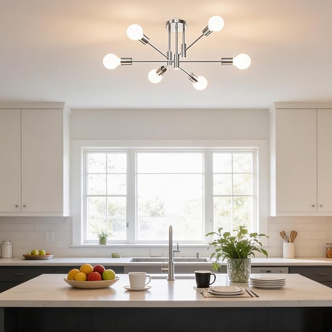 6-Light Sputnik Light Fixture, Brushed Nickel Mid-Century Modern Chandelier for Dining Room, Kitchen, Living Room, Bedroom
