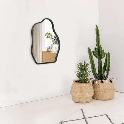 Irregular Asymmetrical Mirror Small Wooden Framed Wall Mirror Modern Cloud Hanging Artistic Mirror Decor for Bathroom Vanity Bedroom Living Room Entryway Hallway 16"x12"