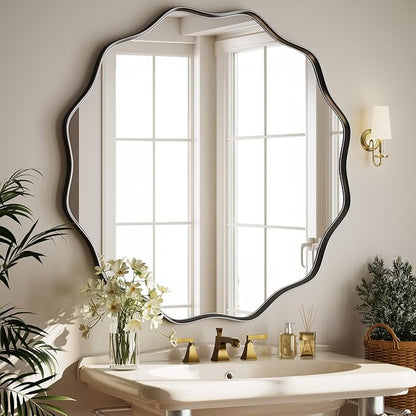 Round Wavy Mirror 42 Inch Bathroom Vanity Mirror Metal Frame Circle Wall Mounted Mirror for Bedroom Living Room Entryway Black