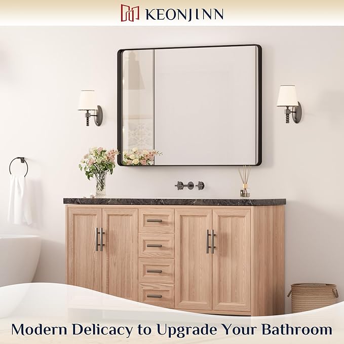 Keonjinn Black Bathroom Mirror for Over Sink, 40 x 30 Inch Rounded Rectangle Vanity Mirror, Sandblasted Finish Matte Black Wall Mirrors, HD Tempered Glass, Anti-Rust Seamless Metal Frame for Restroom