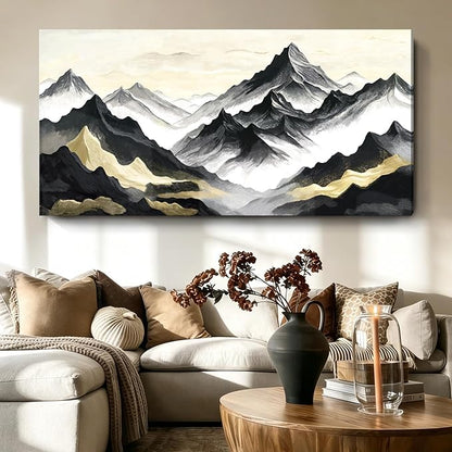 Oversized Black White And Gold Modern Abstract Landscape Wall Art For The Living Room; Canvas Print Of Natural Mountain; A Casual And Elegant Artwork Suitable For Bedrooms, Dining Rooms, Offices, And Galleries. 58X29 Inch