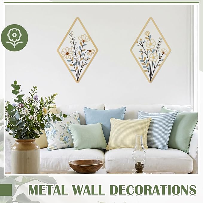 PullCrease 2 Pcs Metal Wall Art, Metal Flower Wall Decor, Modern Floral Art for Living Room, Bedroom, Bathroom, Rustic Farmhouse Decor, Sculpture Kitchen Decoration (Boho)