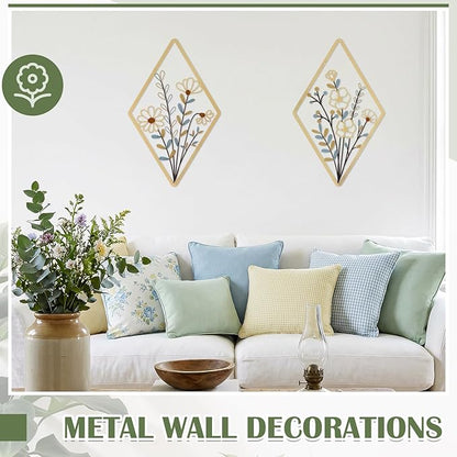 PullCrease 2 Pcs Metal Wall Art, Metal Flower Wall Decor, Modern Floral Art for Living Room, Bedroom, Bathroom, Rustic Farmhouse Decor, Sculpture Kitchen Decoration (Boho)