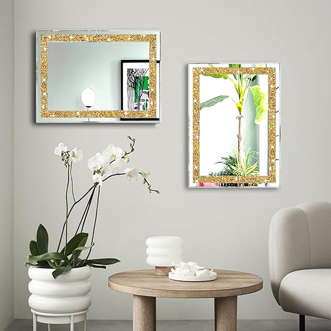 ZOLAPI 2PCS Crystal Rhinestone Diamond Wall Mirror.Brilliant Hand-Spliced Glass Mirror.Gold Accent Decorative Mirror for Hallway/Bathroom/Bedroom（11”x15”）