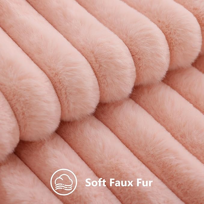 decorUhome Summer Cozy Faux Fur Throw Pillow Covers 24x24 Set of 2 Decorative Plush Striped Modern Farmhouse Boho Couch Euro Sham Pillow Cases with Velvet Back for Sofa Bed Living Room, Blush Pink
