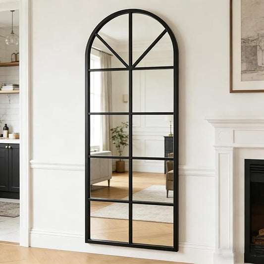 56×22" Arched Window Finished Full Length Mirror, Wall Mirror with Metal Frame, Home Decor Windowpane Mirror, Wall Mounted or Leaning, No Stand - Black
