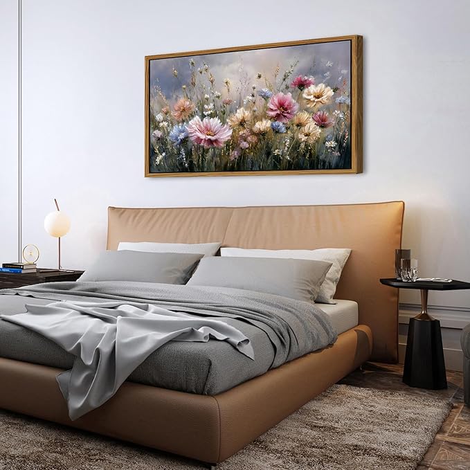 Colorful Pink Floral Wall Art Framed Bedroom Decor Abstract Nature Wildflower Picture Canvas Prints for Living Room Home Decorations, French Country Flower Painting Poster Farmhouse Artwork 30x57.8