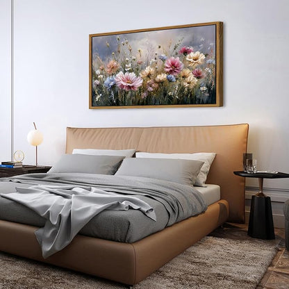 Colorful Pink Floral Wall Art Framed Bedroom Decor Abstract Nature Wildflower Picture Canvas Prints for Living Room Home Decorations, French Country Flower Painting Poster Farmhouse Artwork 30x57.8