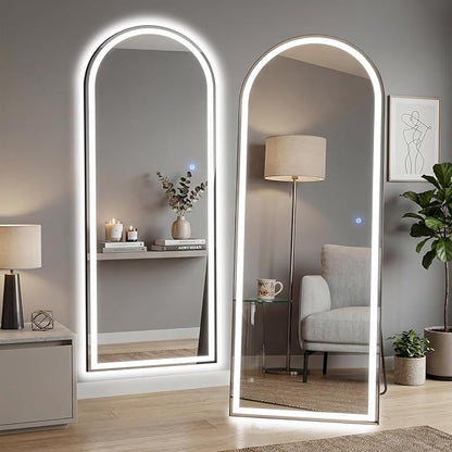 26"×71" Arched LED Full Length Mirror with Stand, Full Body Wall-Mount Mirror with LED Lights 3 Color Lighting, Hanging or Leaning, Floor Standing, Modern Simple Home Wall Decor