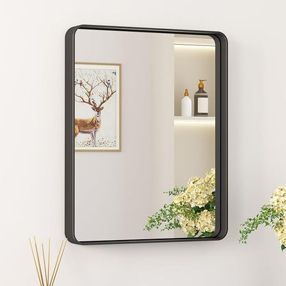 Keonjinn Black Bathroom Mirror for Over Sink, 16 x 20 Inch Rounded Rectangle Bathroom Vanity Mirror, Matte Black Sandblasted Finish, Tempered Glass, Seamless Aluminum Alloy Frame Mirror for Entryway