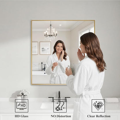 Koonmi Gold Mirrors for Wall, 30x30 Inch Bathroom Mirror, Rectangular Wall Mirror for Living Room Bedroom Bathroom, Hangs Horizontally or Vertically