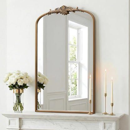 Besdomus Vintage Gold Arched Mirror: 24"x42" French Large Arch Gold Antique Wall Mounted Mirror - Traditional Ornate Home Decor for Entryway/Fireplace/Bathroom - Idea for High-Income Homemakers