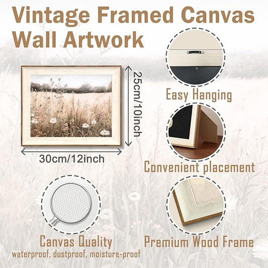 ASTRDECOR Framed Nature Wall Art Prints, Vintage Wildflower Field Landscape Canvas Wall Art Bedroom, Autumn Oil Painting Botanical Artwork, Plant Pictures Farmhouse Wall Decor Living Room - 10''x12''