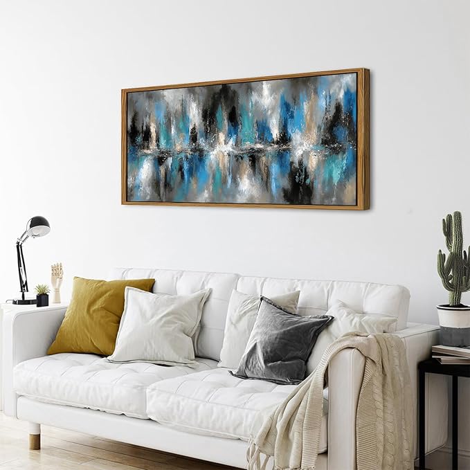 Black Framed Navy Blue Abstract Canvas Wall Art Modern Minimalist Painting for Bedroom Neutral White Blue and Grey Picture Wall Decor Graffiti Artwork for Bathroom Living Room Home Decoration 24x48
