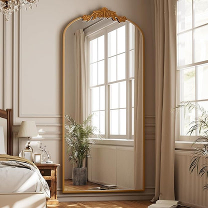 GLSLAND 71"x 32" Gold Vintage Arched Full Length Mirror - Large Carved Standing Floor Mirror with Metal Frame for Bedroom/Living Room/Entryway