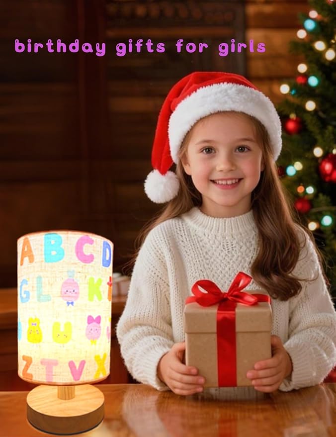 Kids Lamps for Bedrooms Girls, Cartoon Alphabet Table Lamp 3 Color Changing LED Night Light with 9 Brightness Levels Wood Nightstand Desk Base Flaxen Fabric Shade for Bedroom Living Room